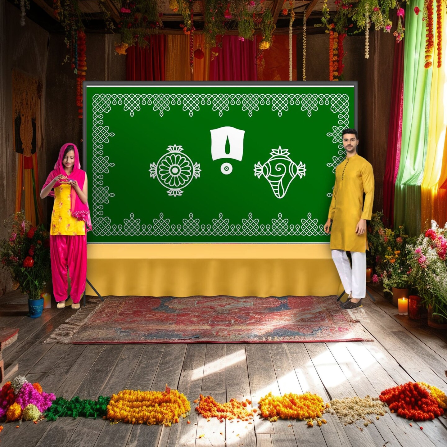 Shanku Chakra Namam Kolam Backdrops For Indian Pooja D&#xE9;cor Shankh Cakra Muggu Thirunamam Cloth Backdrop Banner Sanku Chakra Namam Decor Housewarming Wall Banner