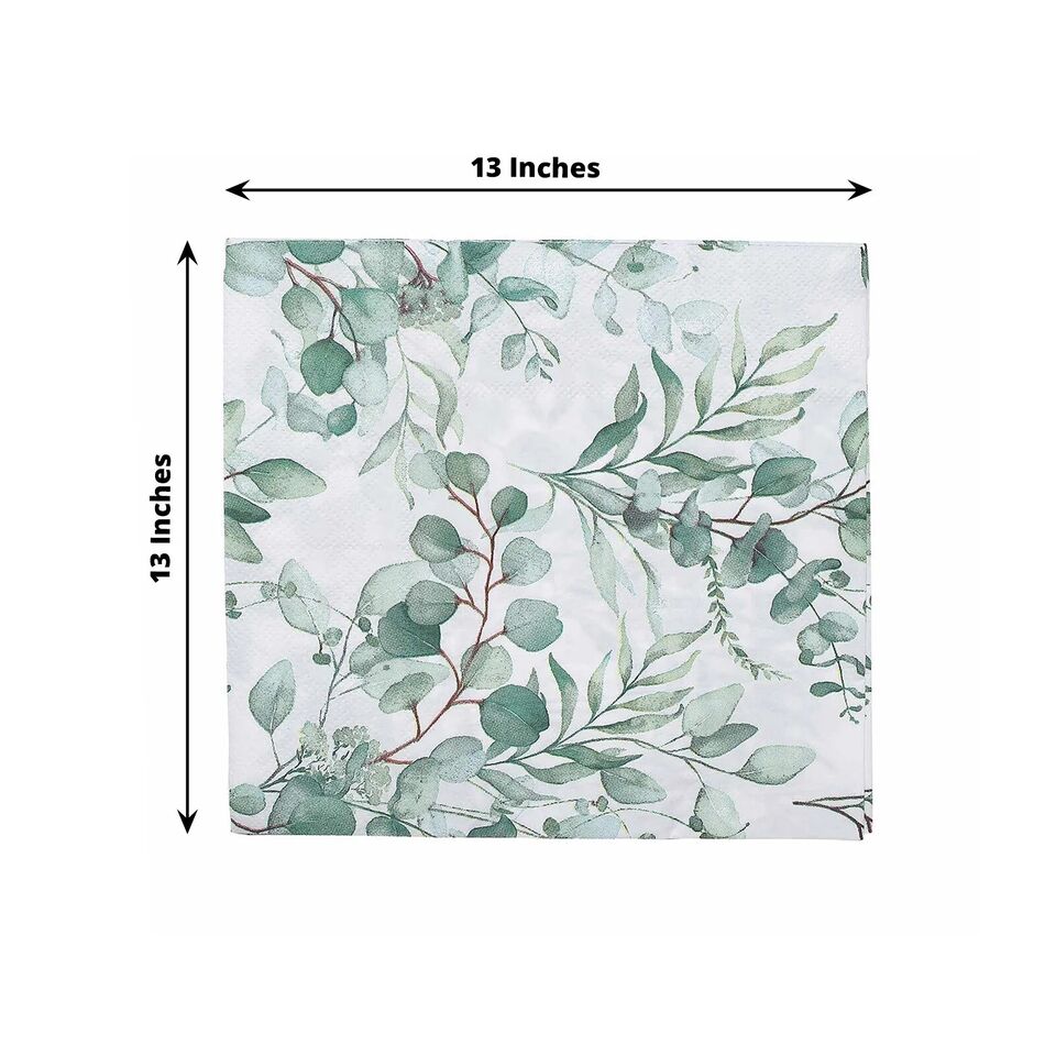 20 White 13x13 in Dinner Paper NAPKINS Green Leaves Design