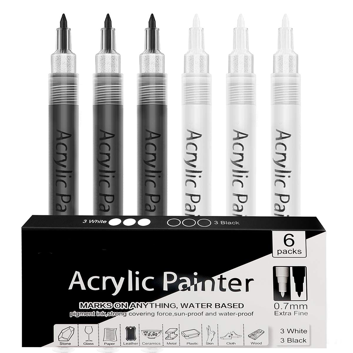 Acrylic Paint Pens, Acrylic Paint Marker for Rock, Wood, Glass, Egg, Shoe,Metal and Ceramic, Fabric, 0.7mm Fine Point Paint Pens, Water Based Art decorating kit (white & Black)