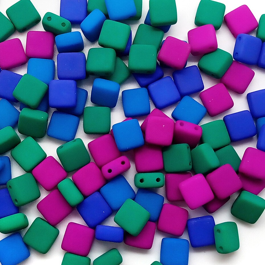 6mm Tile Beads Mix, 50 pieces, 2-Hole Pink-Purple Blue &#x26; Green Matte, Adorabilities