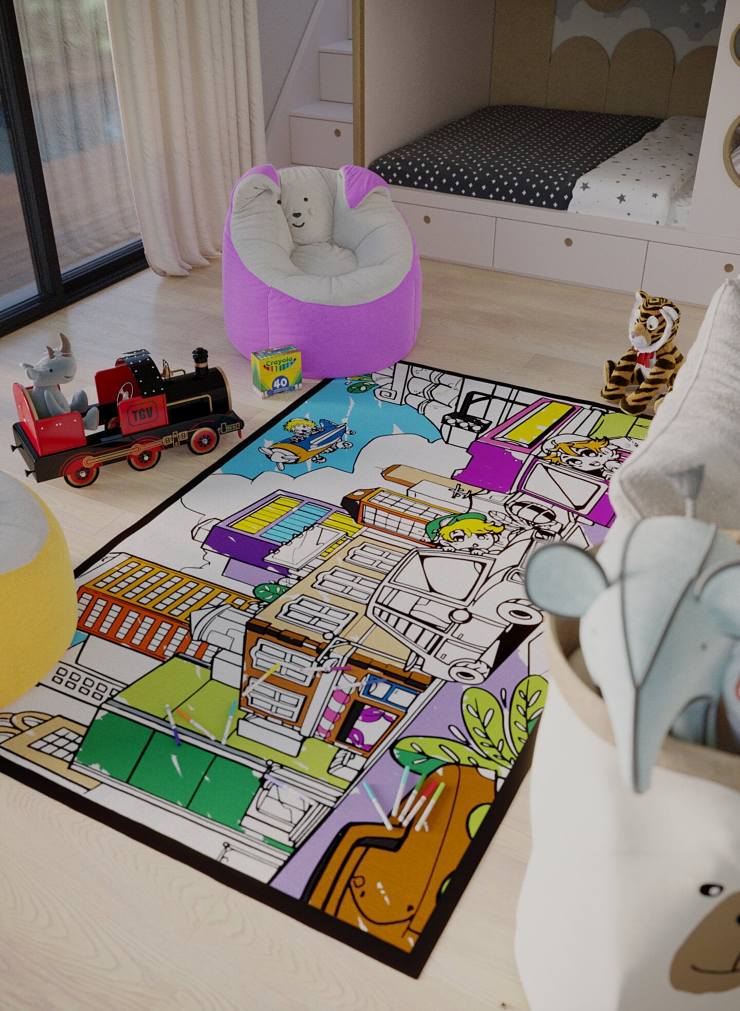 Cars Trucks Airplanes City Scene Coloring Washable Kid&#x27;s Rugs &#x26; Markers Birthday Truck Theme Decor Activity Gift For Boy Classroom Carpet