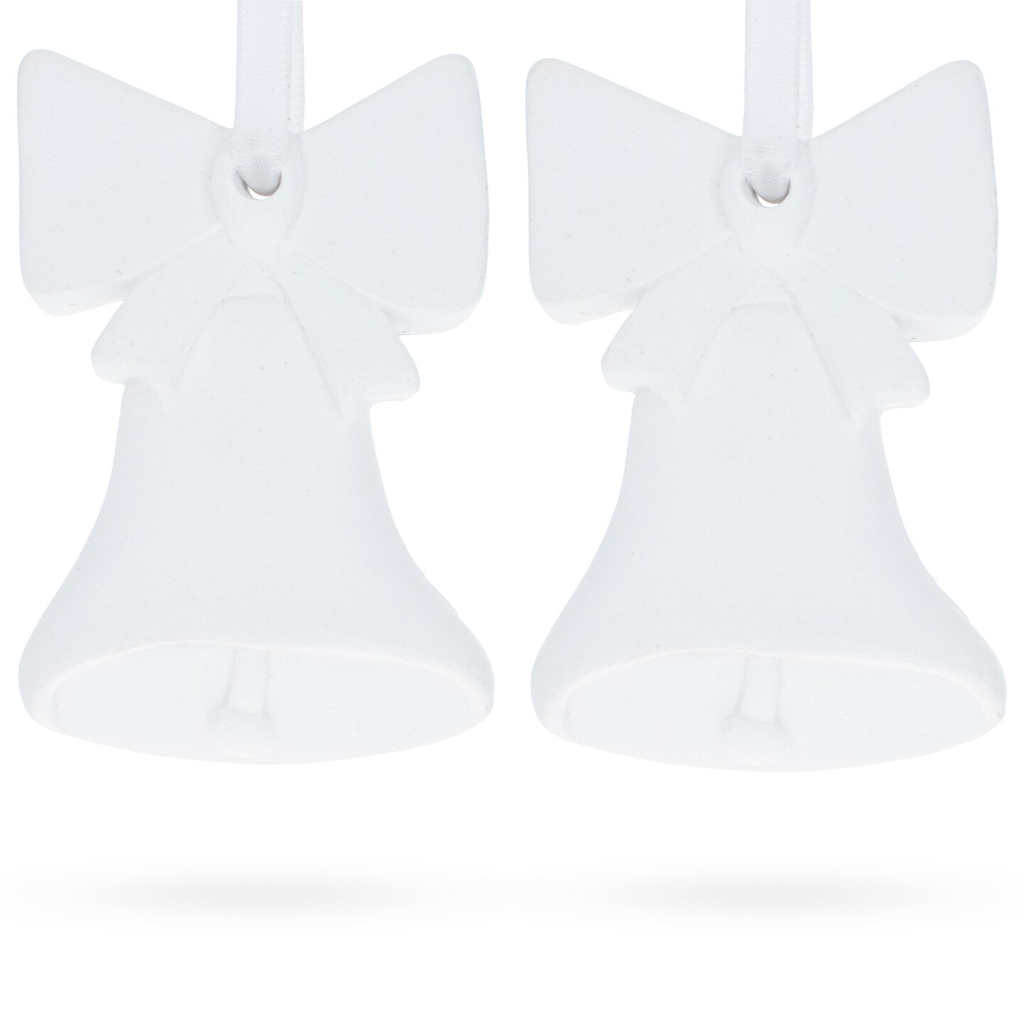Set of 2 Blank Unfinished White Plaster Bells With Bows Christmas Ornaments DIY Craft 3.3 Inches