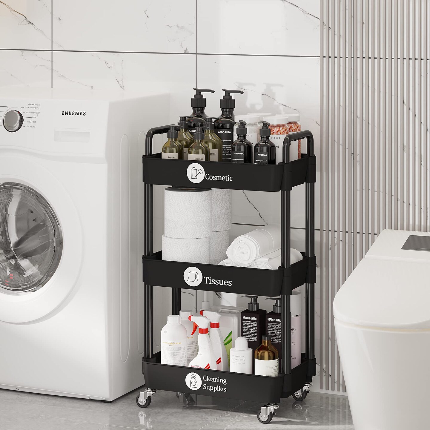 3-Tier Kitchen Storage Cart,Multifunction Utility Rolling Storage Organizer,Mobile Shelving Unit Cart with Lockable Wheels for Bathroom,Laundry,Living Room,With Classified Stickers,Black