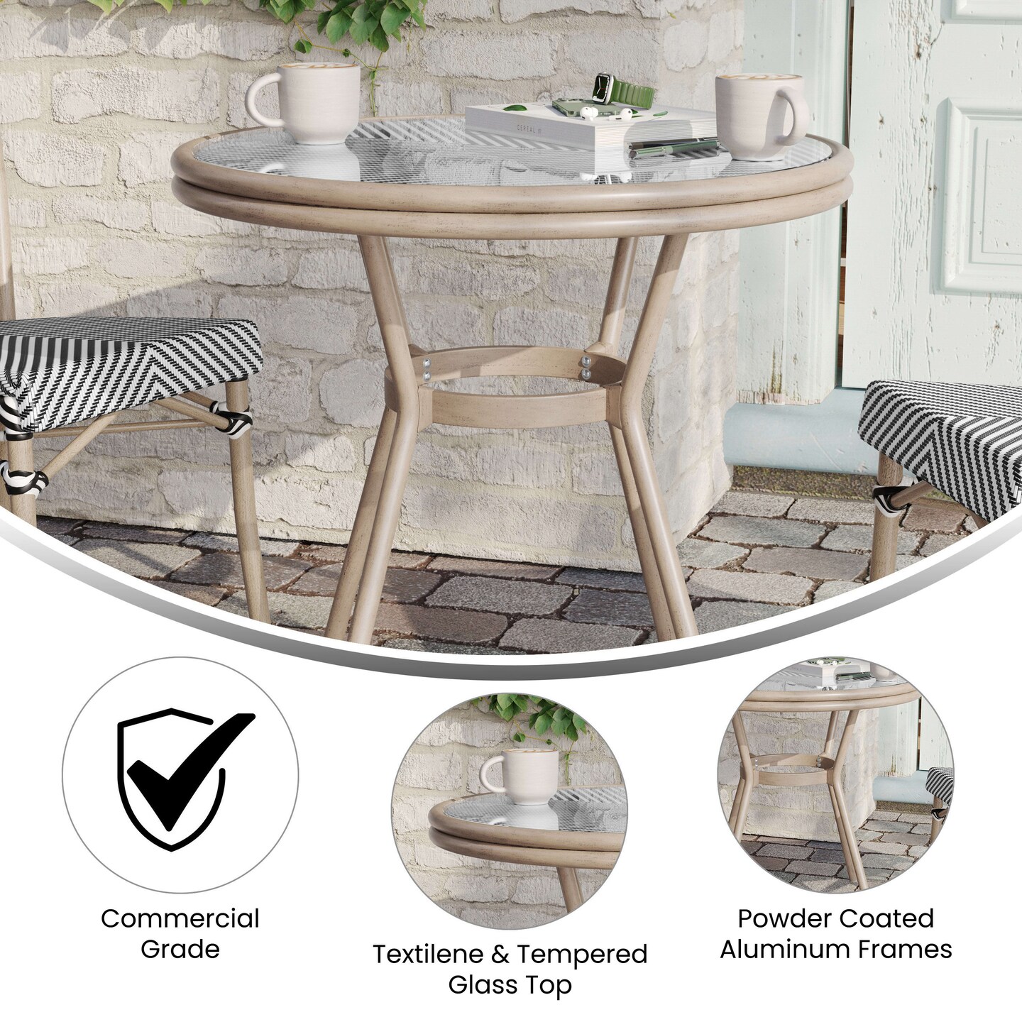 Merrick Lane Mael Bistro Style Table with Tempered Glass Top, Textilene, and Bamboo Finished Metal Frame for Indoor/Outdoor Use