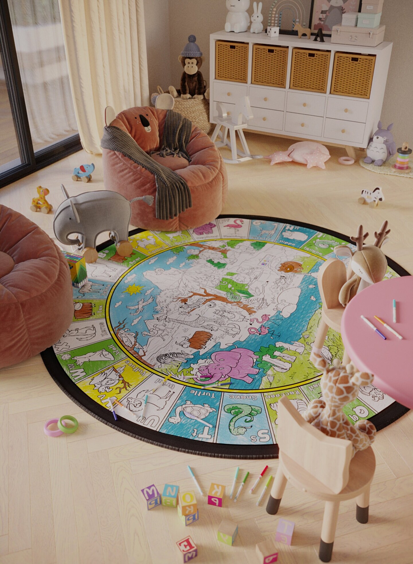 ABC&#x27;S Animals Learning Coloring Poster Washable Circle Rug Preschool Toddler Kindergarten Activity Art Homeschool Daycare Decor For Playroom