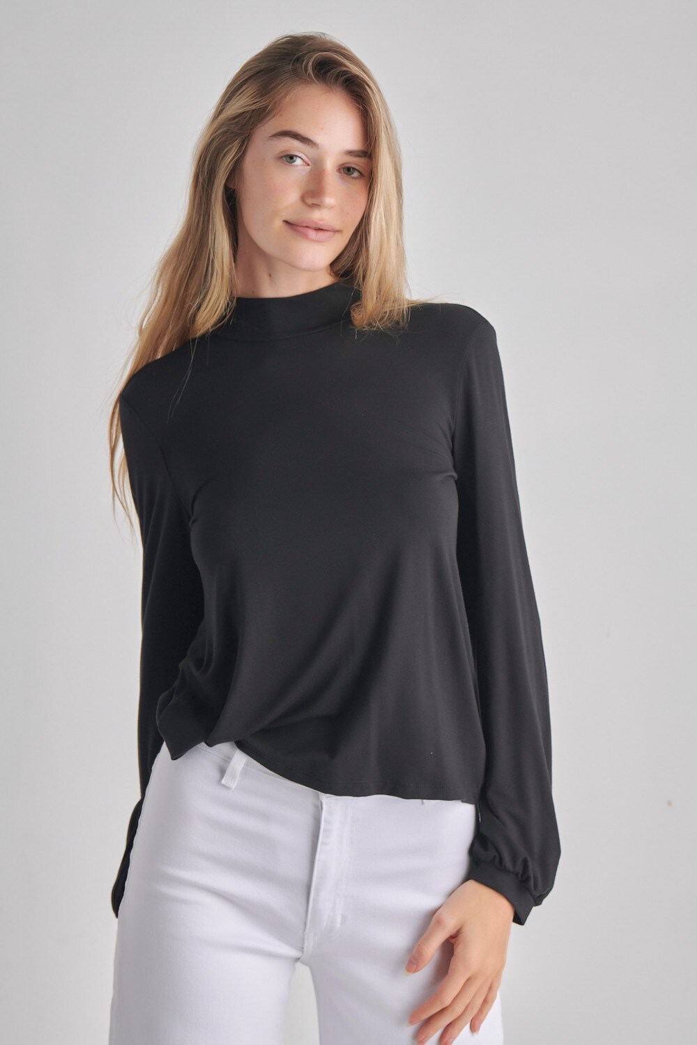Long Sleeve Back Drop Mock Neck Top - TLR20661-BK-20 | 95% Rayon 5% Spandex | RADYAN&#xAE;