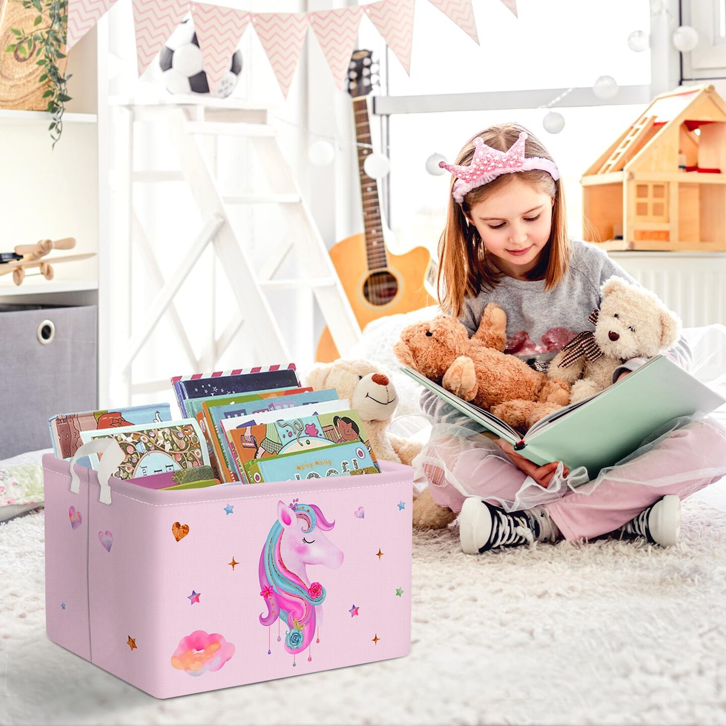 Adorable Pink Unicorn Basket for Girls Rectangle Cloud Star Heart Shelf Basket Clothes Books Toy Storage Cube, 21L