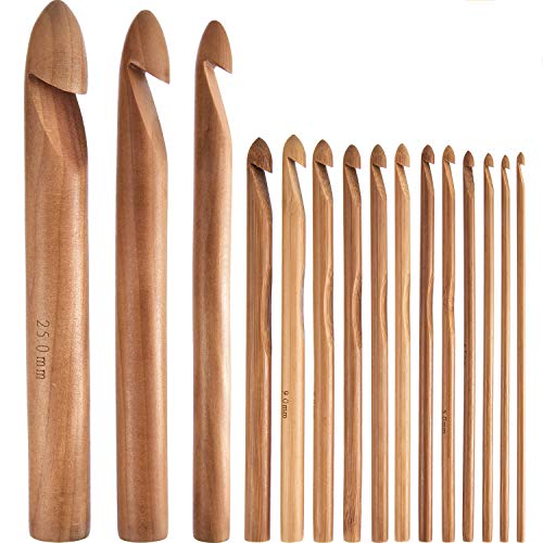 15 Pieces Wooden Bamboo Crochet Hooks Set Handcrafted Knitting Needles Weave Yarn Craft, 3 to 25 mm in Diameters