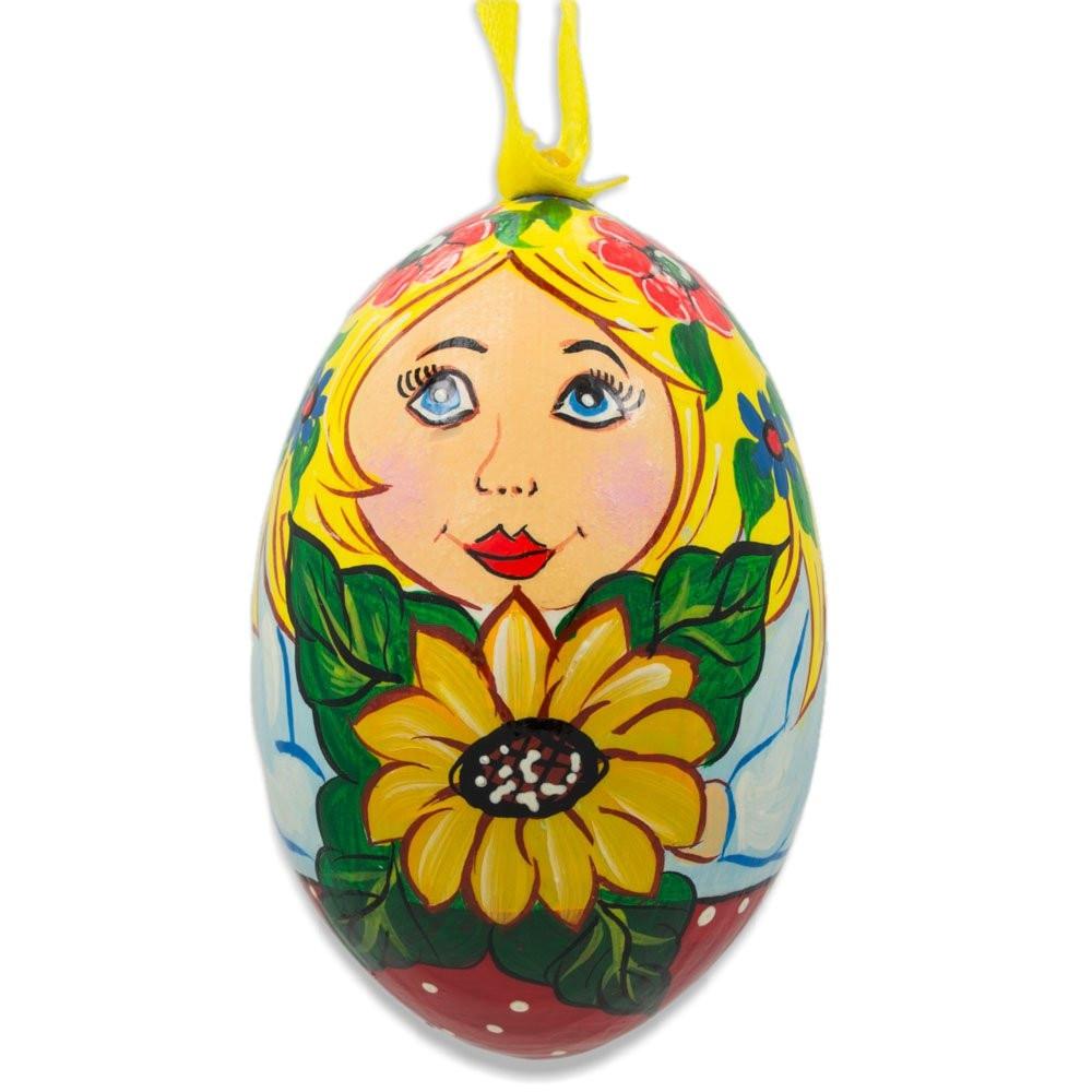 Doll with Sunflower Wooden Egg Ornament 3 Inches