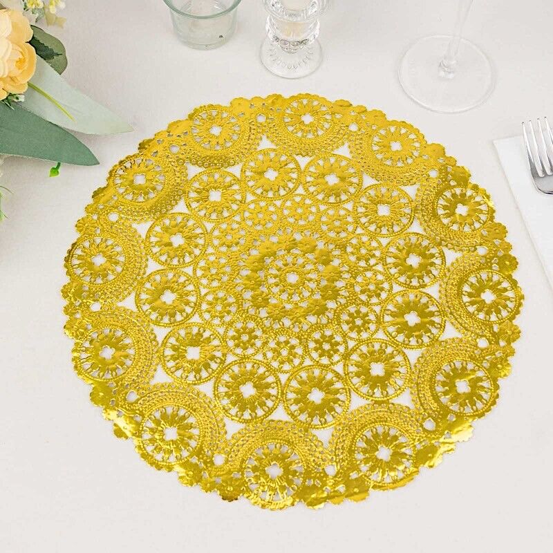 50 Metallic Gold Lace Round Disposable Paper Placemats