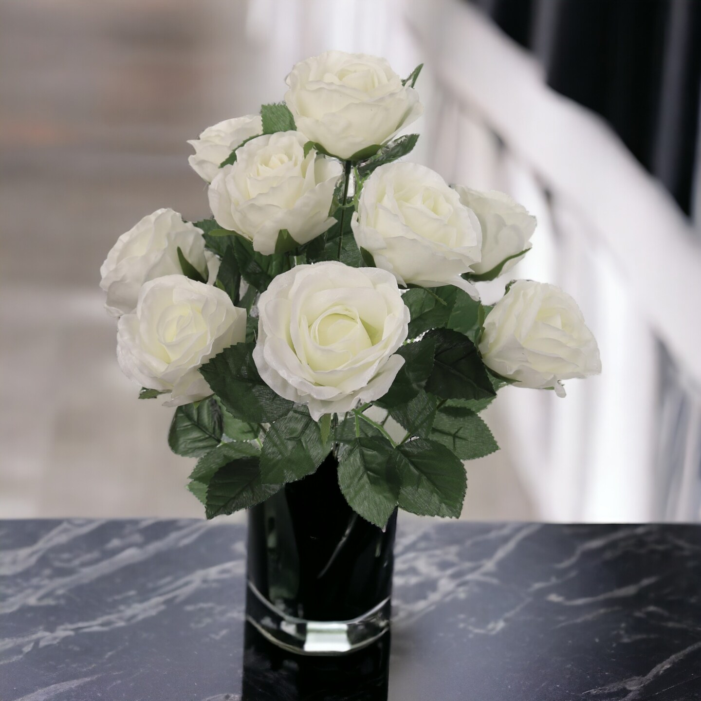 20" White Rose Bush - 12-Pack, 9 Silk Flowers with Lifelike Foliage, Elegant Floral Décor, Perfect for Arrangements & Events - Ideal for All Seasons, Floral Home by Artificial Flowers