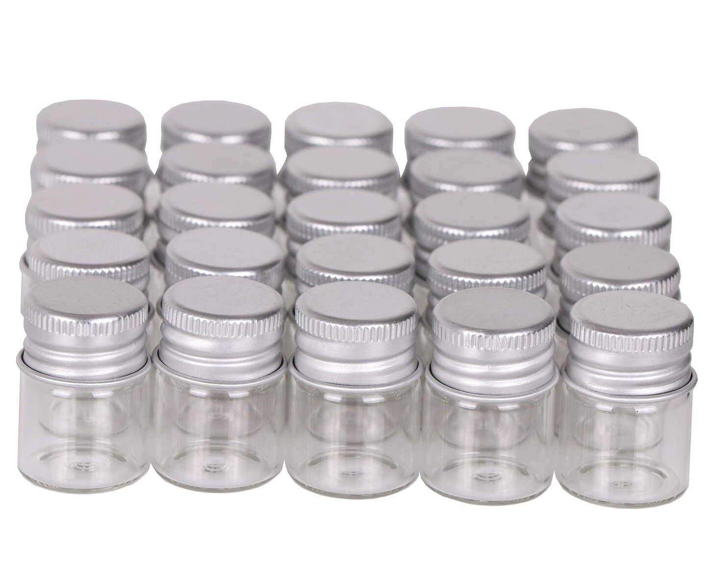 24 Pieces Mini Glass Bottles with Screw Caps 5ml Aluminum Top Metal Lids 5 Milliliter Tiny Vials Small Jars DIY Storage Art Craft Decor
