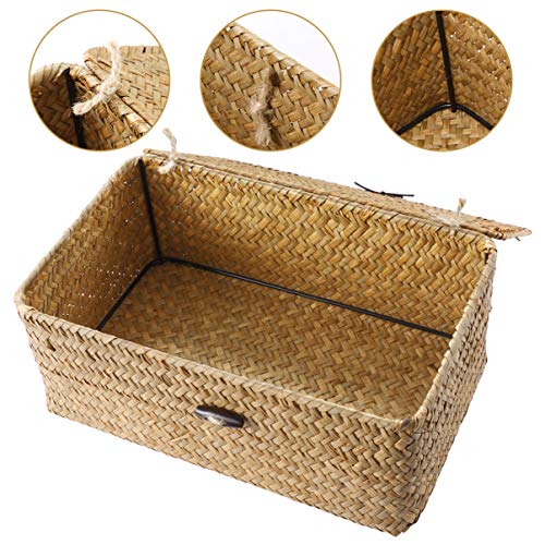 1 Basket with Lids: Seagrass Storage Woven Basket Straw Desktop Rattan 9 inch Hand- Woven Storage Basket Bins Container Organizer for Shelf Desktop Home Decor