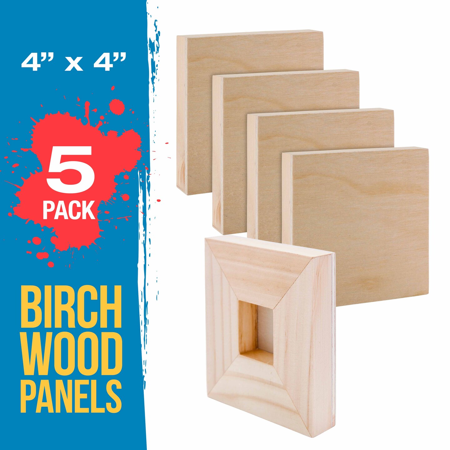 4&#x22; x 4&#x22; Birch Wood Paint Pouring Panel Boards, Studio 3/4&#x22; Deep Cradle (Pack of 5) - Artist Wooden Wall Canvases - Painting Mixed-Media, Acrylic, Oil
