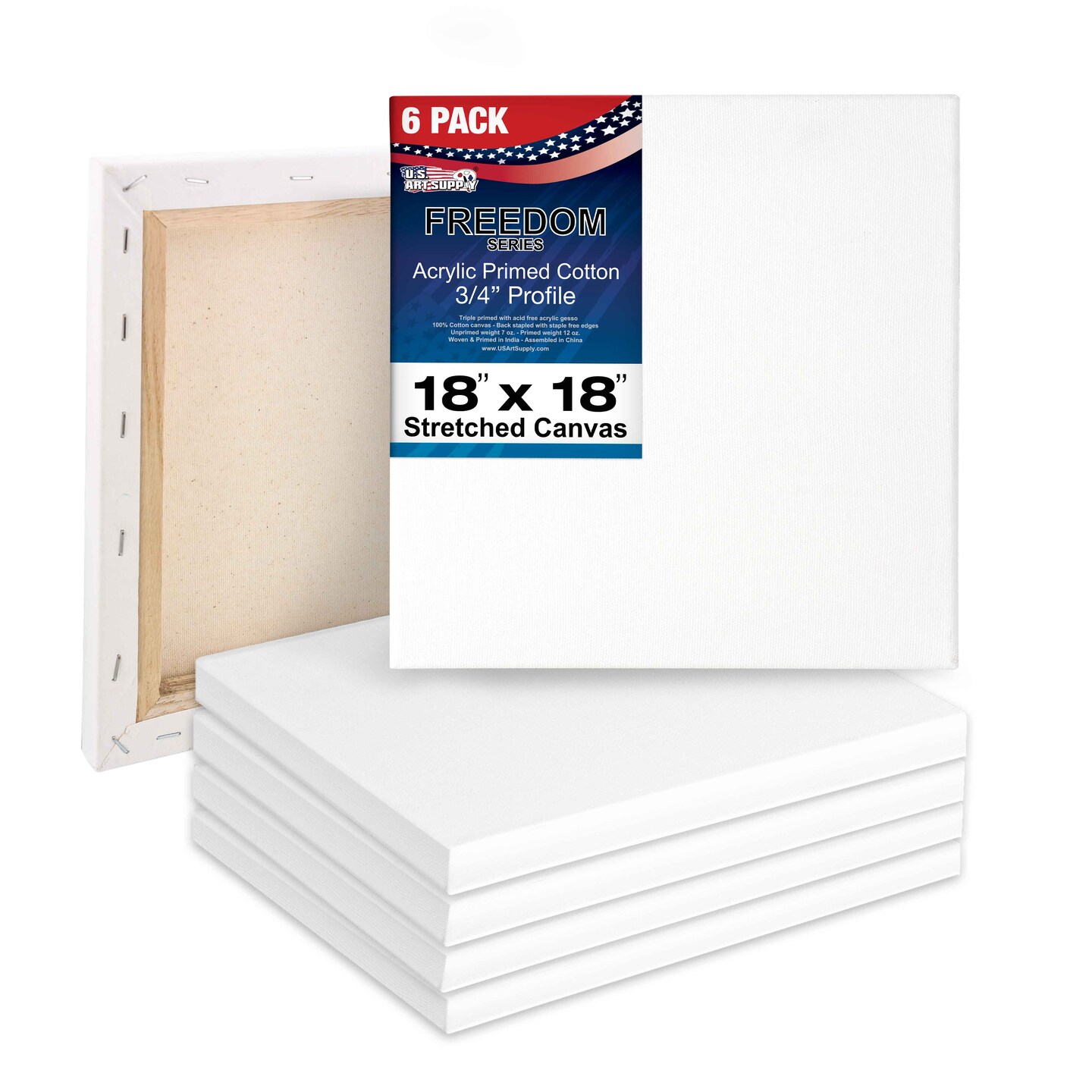 18 x 18 inch Stretched Canvas 12-Ounce Triple Primed, 6-Pack - Professional Artist Quality White Blank 3/4&#x22; Profile, 100% Cotton, Heavy-Weight Gesso
