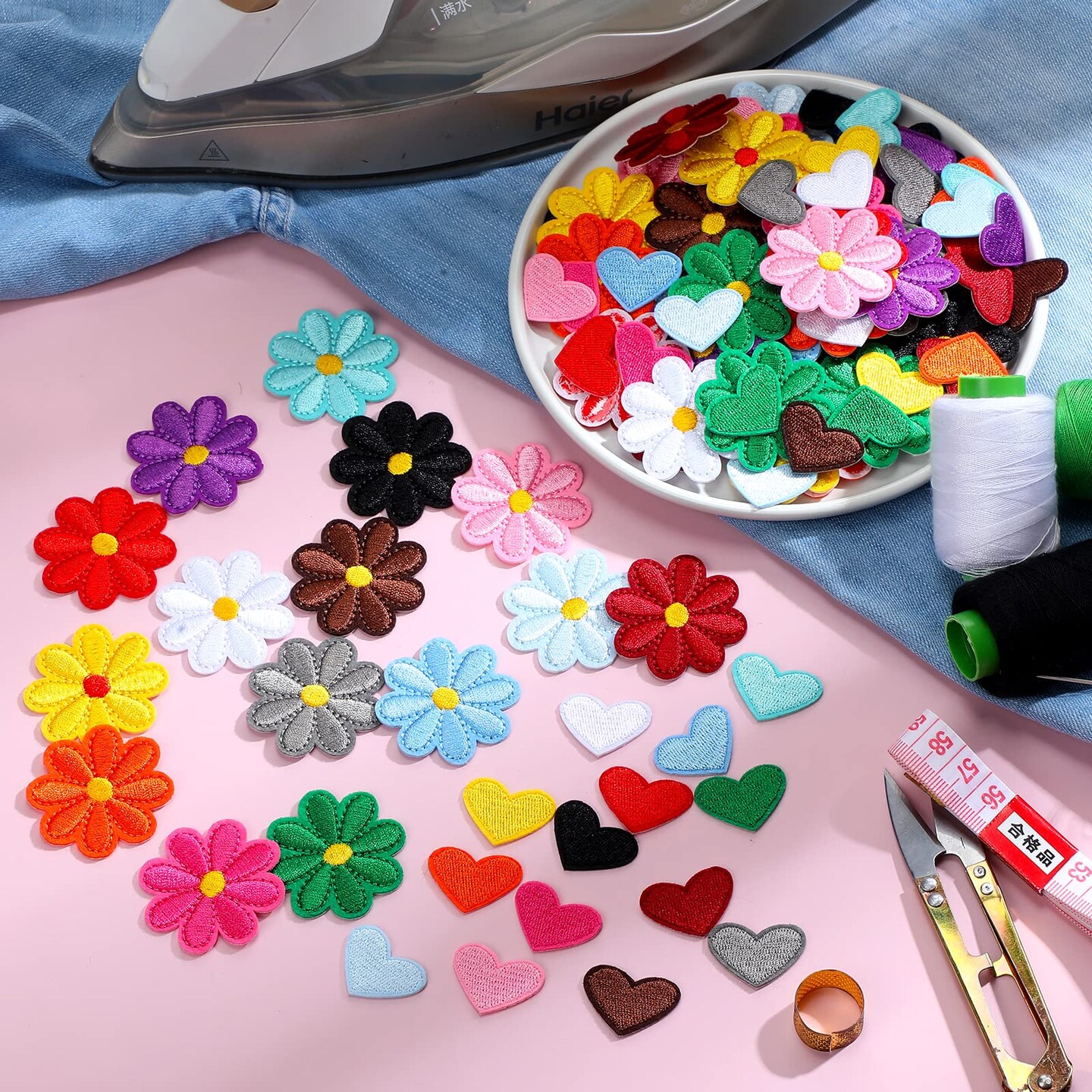 120 Pieces Flower, Heart Patches Mini Embroidery Applique Patches Colorful Sew Iron on Patches for Clothing Repair Decorations DIY Craft (Flower, Heart)