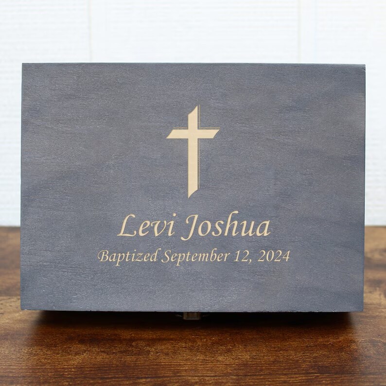 Baptism Gift, Christening Gift, Confirmation Gift, First Communion Gift, Godchild orders Gift -Square Keepsake Box w/ Cross Necklace