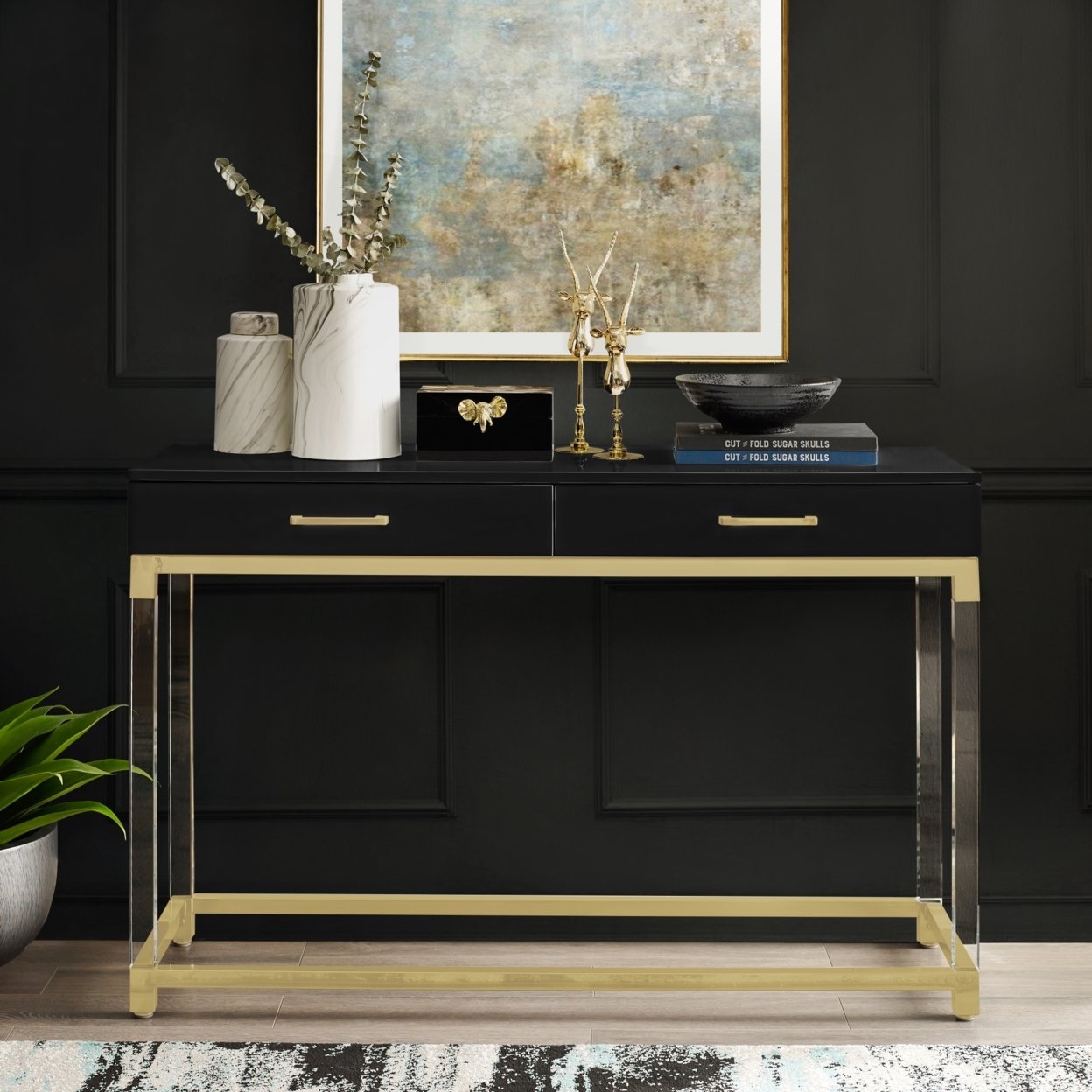 Inspired Home Jerome Console Table-High Gloss-Acrylic Legs-Metal Base-Modern Design