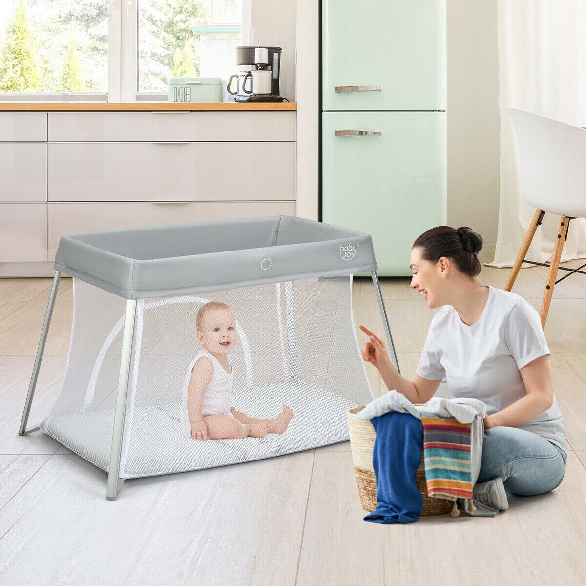 Foldable Baby Playpen Playard Lightweight Crib W/ Carry Bag For Infant Gray