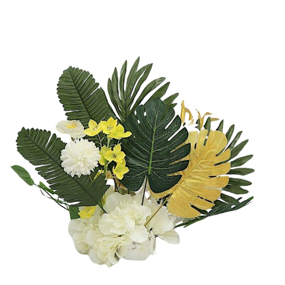 Tropical Elegance 28 Assorted Green and Gold Silk Palm and Monstera Leaves