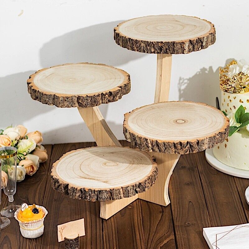 15 in Brown 4 Tier Round Natural Wood Cupcake Dessert Stand