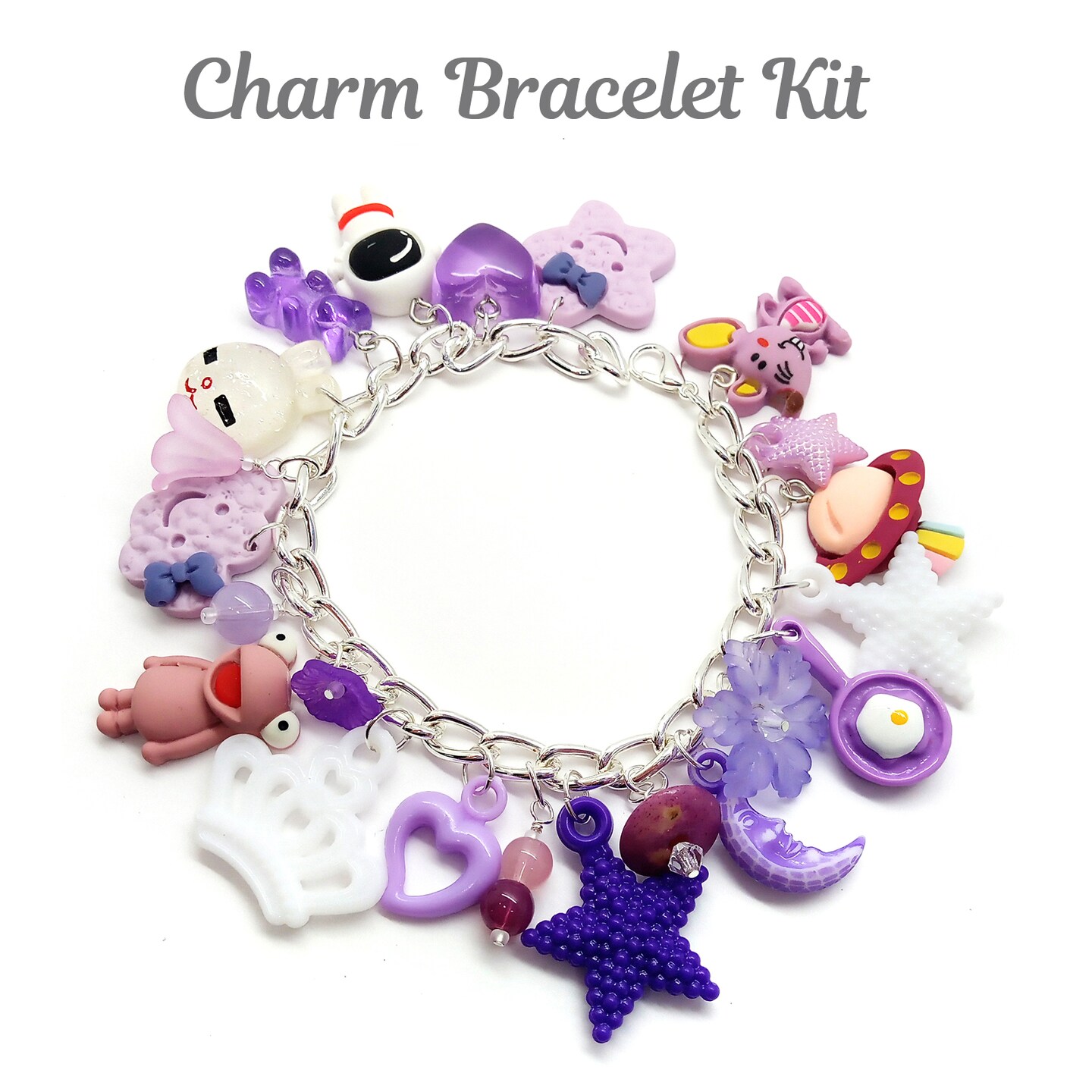 Easy Charm Bracelet Kit, Cute Chunky Charms in Purple, up to 7.5&#x22;, Adorabilities