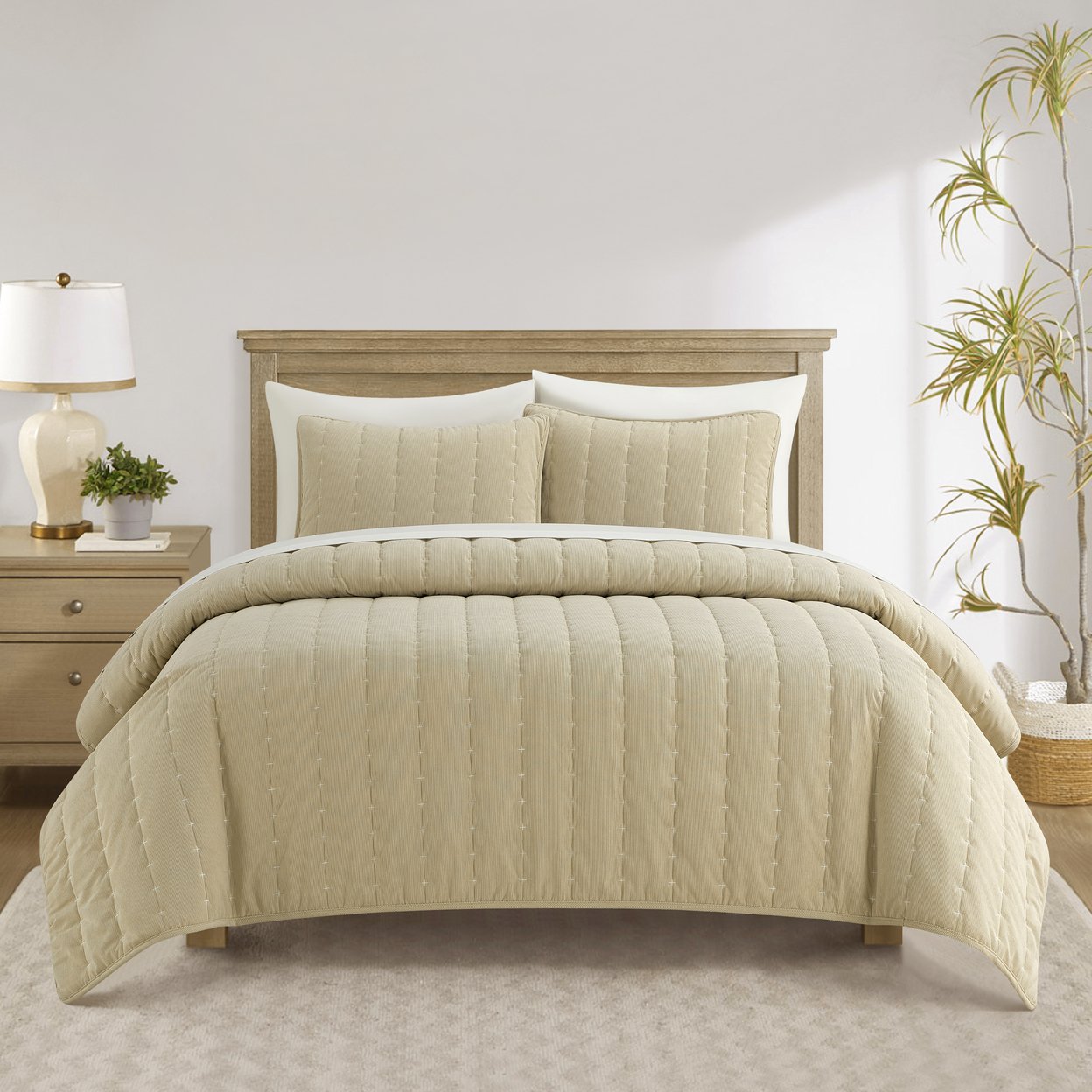 Chic Home Vala 3 Piece Quilt Set Corduroy Fabric Bedspread with Channel Quilted Embroidery Details Pattern