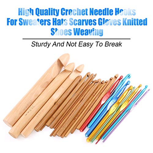 24 Pieces Crochet Hooks Set, 15Pcs 3 to 25 mm Wooden Bamboo Crochet Needle Knitting Hooks with 9Pcs 2 to 10 mm Aluminum 2-10 mm Handle Crochet Hooks for Sweater Hat Scarve Glove Knitted Weaving