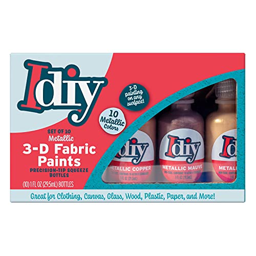 10 Pieces Fabric Paints Metallic Colors (1oz bottles) Bright 3D Fabric T Shirt Clothing Soft Paint, Non-Toxic Water-Based, Washable, Permanent, Classroom, Kids Birthday Party Art Craft, Holiday Craft