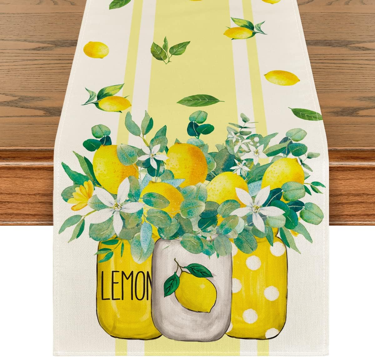 Citrus Burst: Lemon Summer Table Runner &#x26; Green Stripes Vase Ensemble 13x72