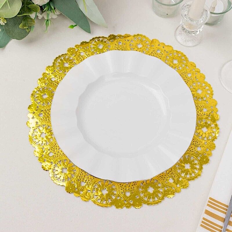 50 Metallic Gold Lace Round Disposable Paper Placemats