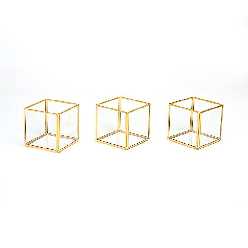 3 Gold Clear Glass Metal Frame CANDLE HOLDERS