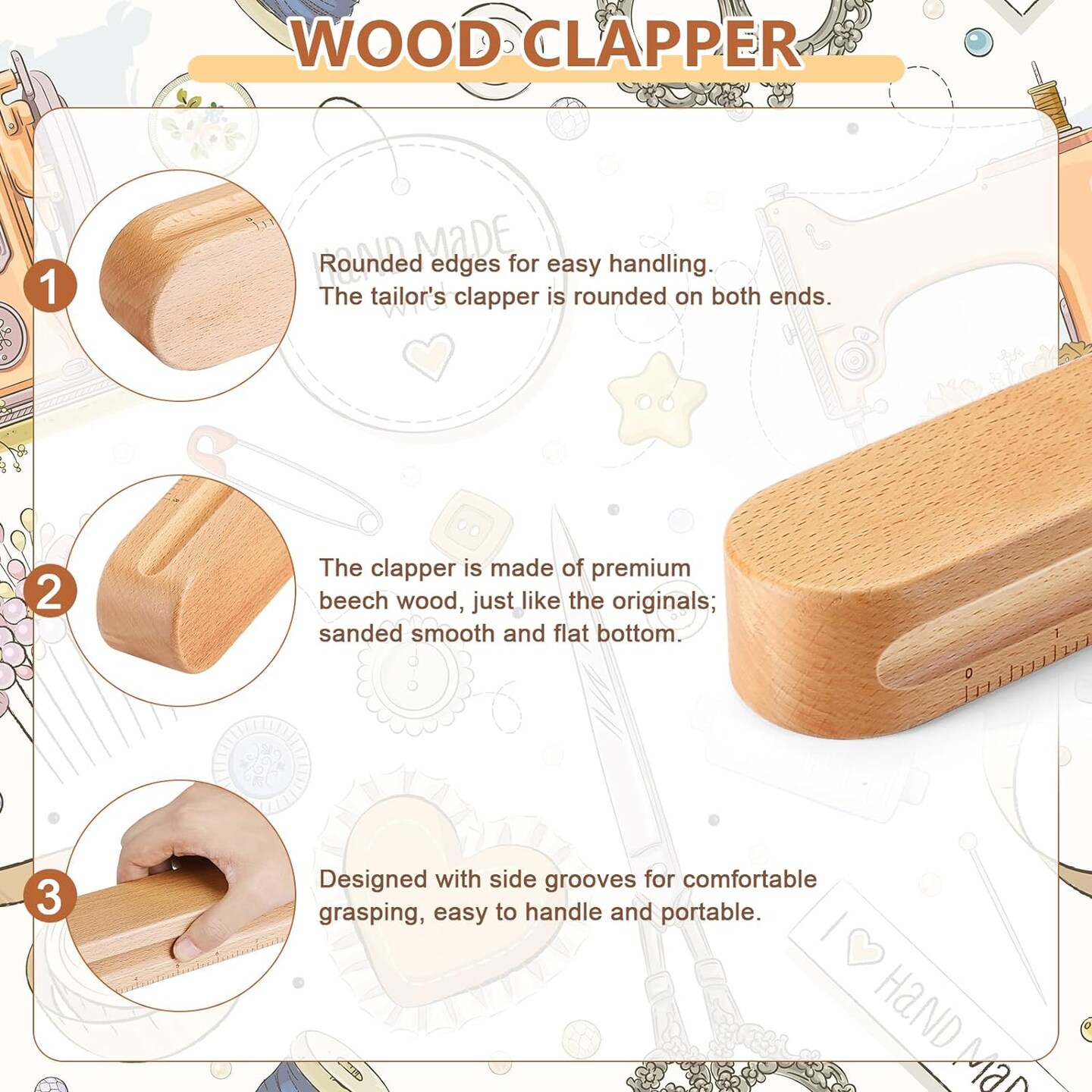 2 Pack Beechwood Tailors Clappers, Professional Sewing Tool for Flattening Fabrics and Point Pressing, Wooden Tailors Clapper for Sewing, Quilting, Ironing(12inch&7inch)