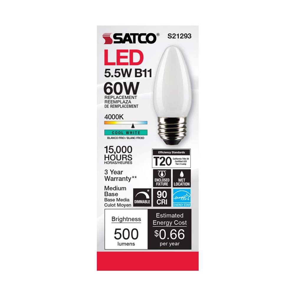 6Pk - Satco 5.5w B11 LED 4000K Medium Base Frosted Dimmable - 60w equiv
