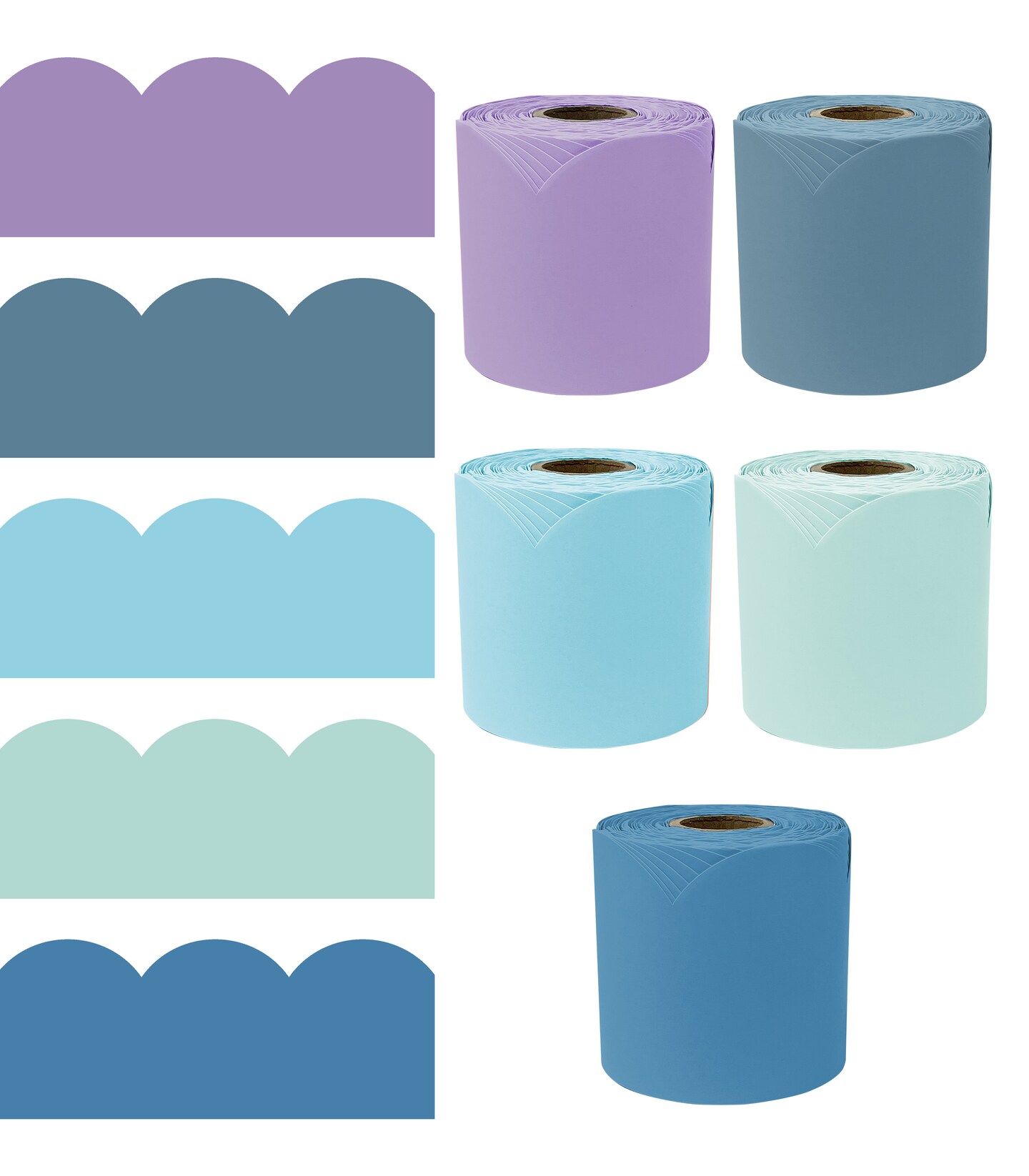 Carson Dellosa 325Ft Summer Sunset Boho Bulletin Board Borders, 5 Pack Scalloped Lilac, Green, Blue Bulletin Board Border for Summer Bulletin Board Decorations, Boho Décor, and Classroom Décor