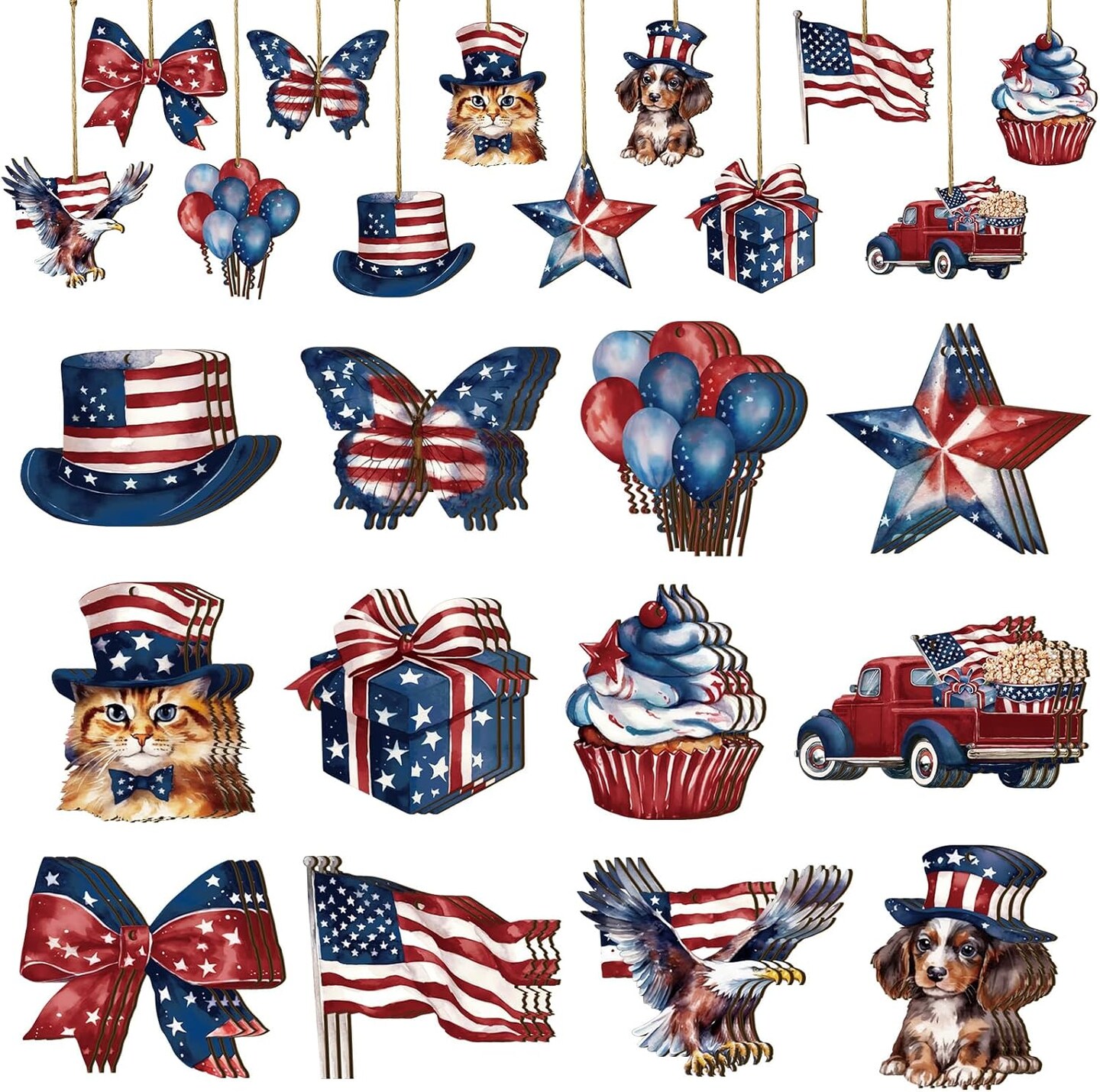 36 Pcs 4th of July Hanging Ornaments for Tree Wood Patriotic Ornaments
