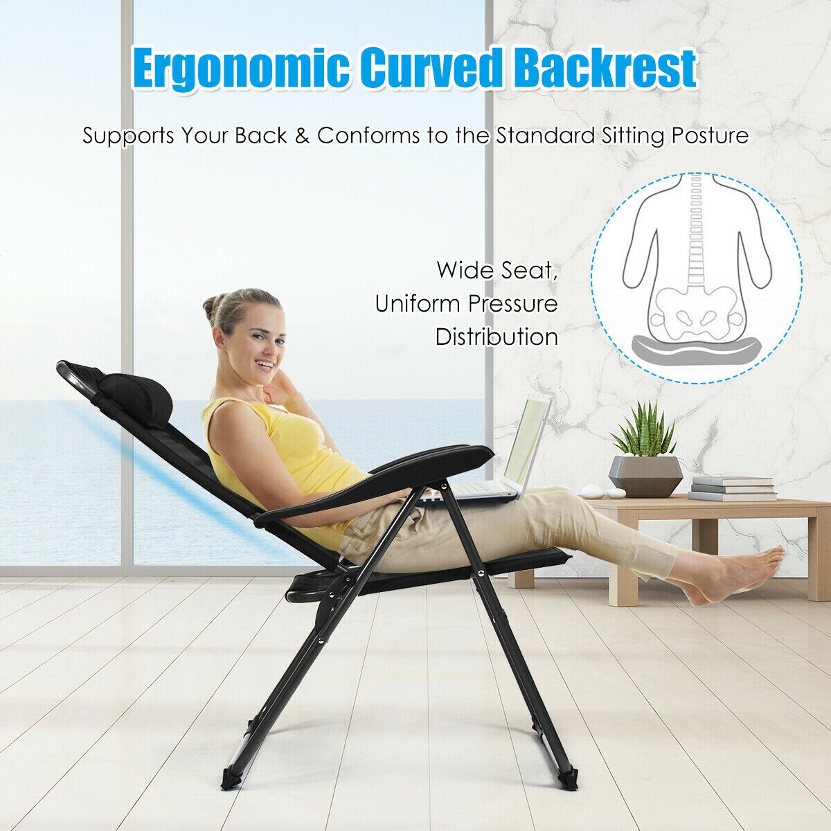 2Pc Folding Chairs Adjustable Reclining Chairs With Headrest Patio Garden Black