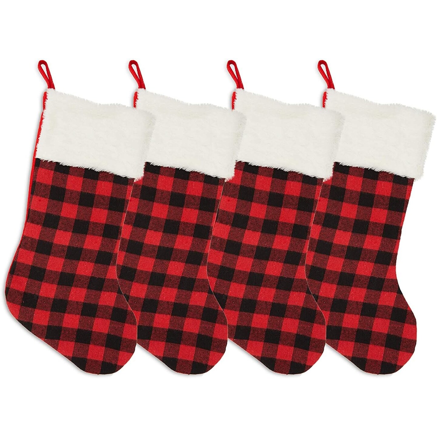 4-Pack 18-Inch Rustic-Style Christmas Stockings with Buffalo Plaid Design, Red and Black Checkered Yule Stockings with White Cuffs and 7.5-Inch Openings for Fireplace Mantle Decorations