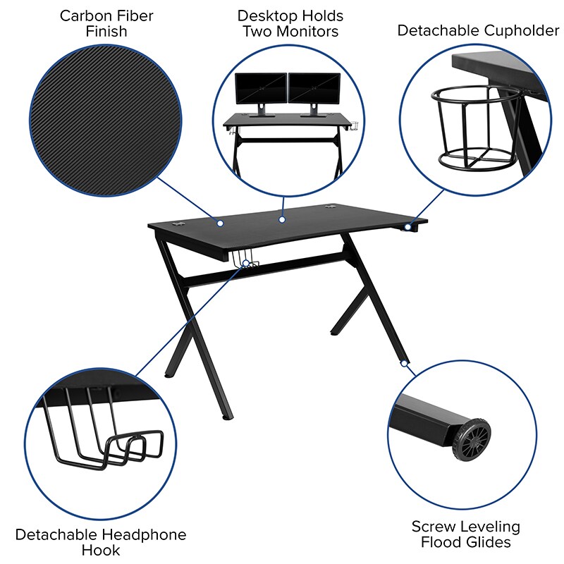 Red Gaming Desk and Black Footrest Reclining Gaming Chair Set with Cup  Holder and Headphone Hook 