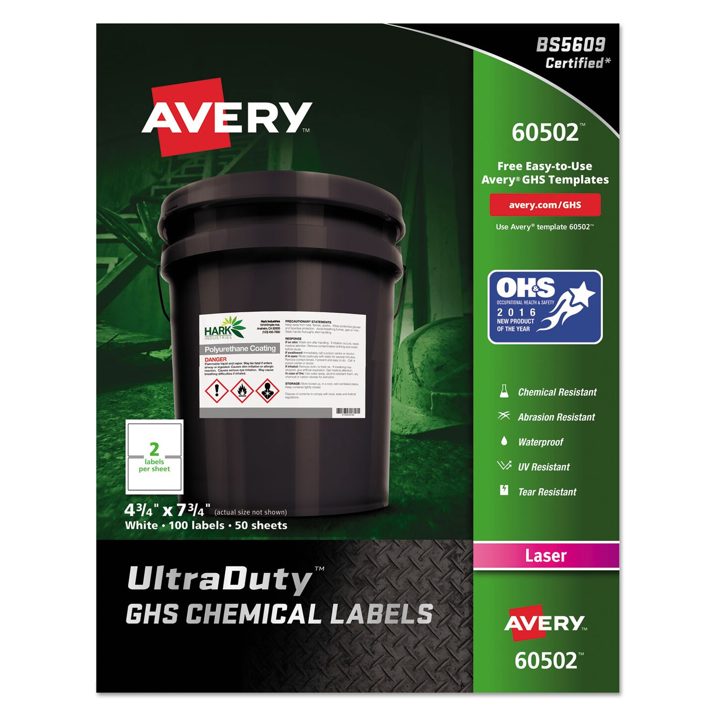UltraDuty GHS Chemical Waterproof and UV Resistant Labels, 4.75 x 7.75, White, 2/Sheet, 50 Sheets/Box