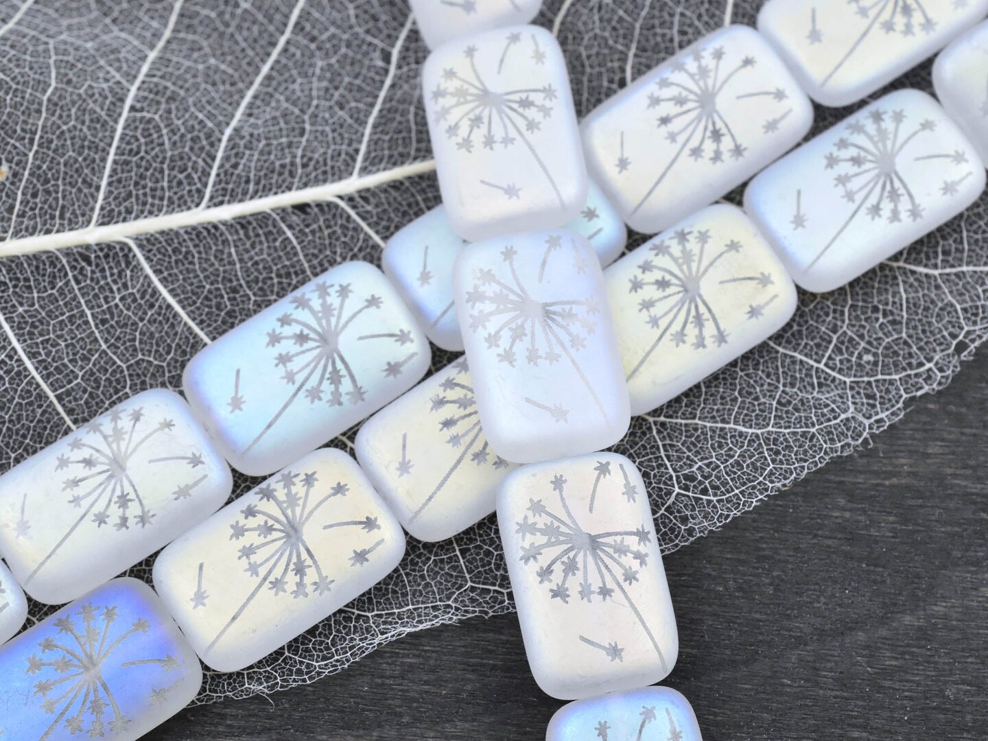 *8* 15x10mm Matte White Crystal Irridescent Dandelion Laser Tattoo Rectangle Beads
