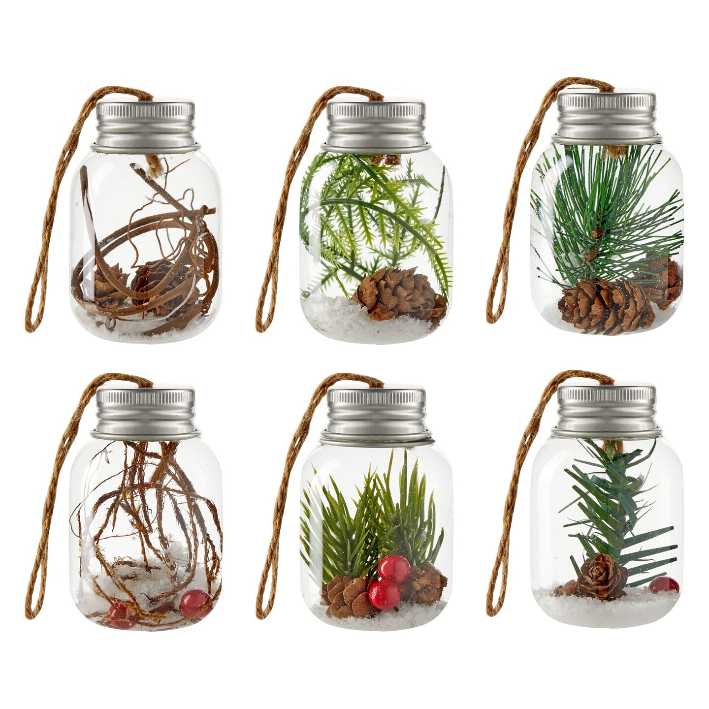 6 Pack Clear Glass Rustic Christmas Tree Ornaments, Hanging Mason Jar Holiday Decorations, 6 Designs (1.5 x 2.6 In)