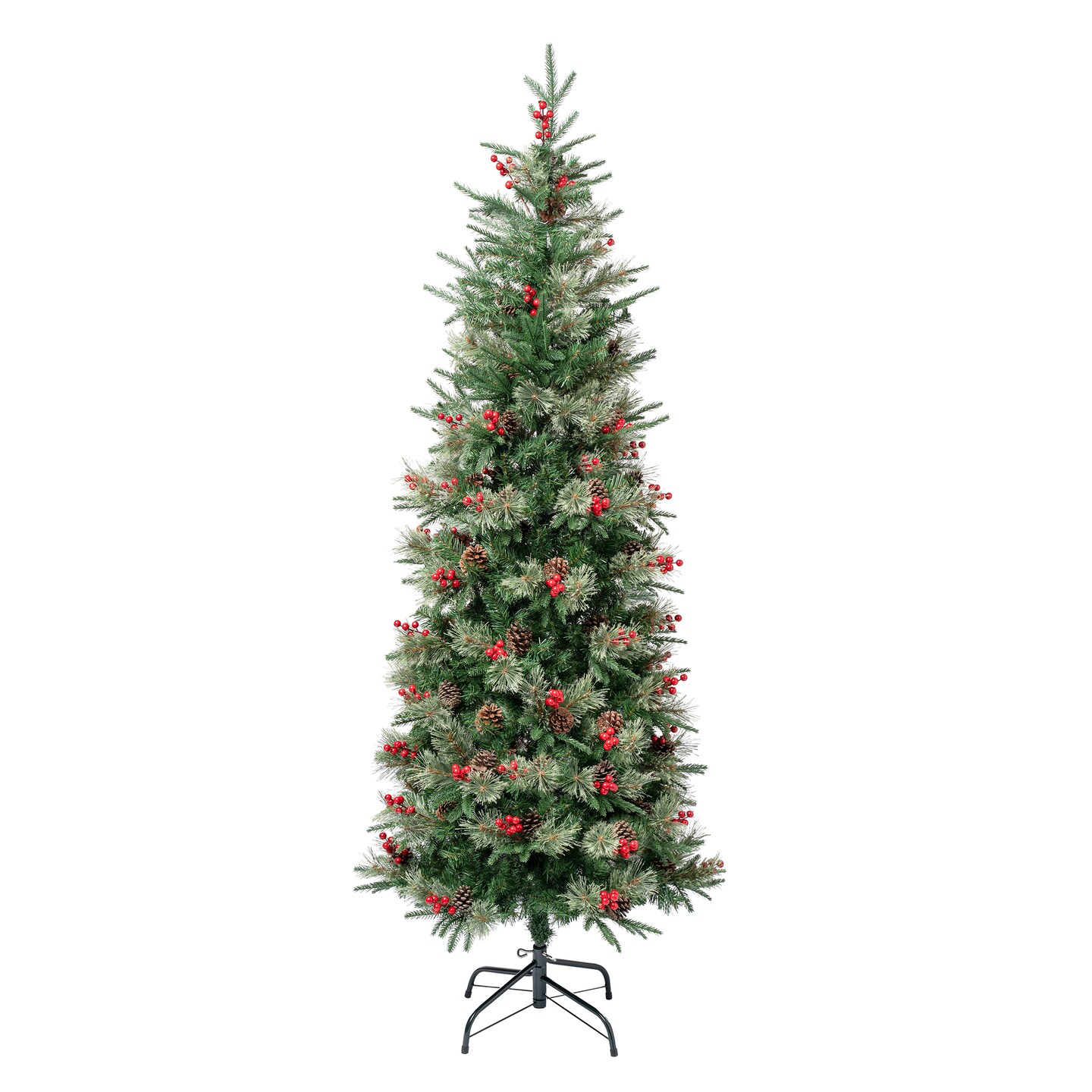 National Tree Company Feel Real® Artificial Slim Christmas Tree, Green, Virginia Pine, Red Berries, Pine Cones, Includes Stand,6 Feet