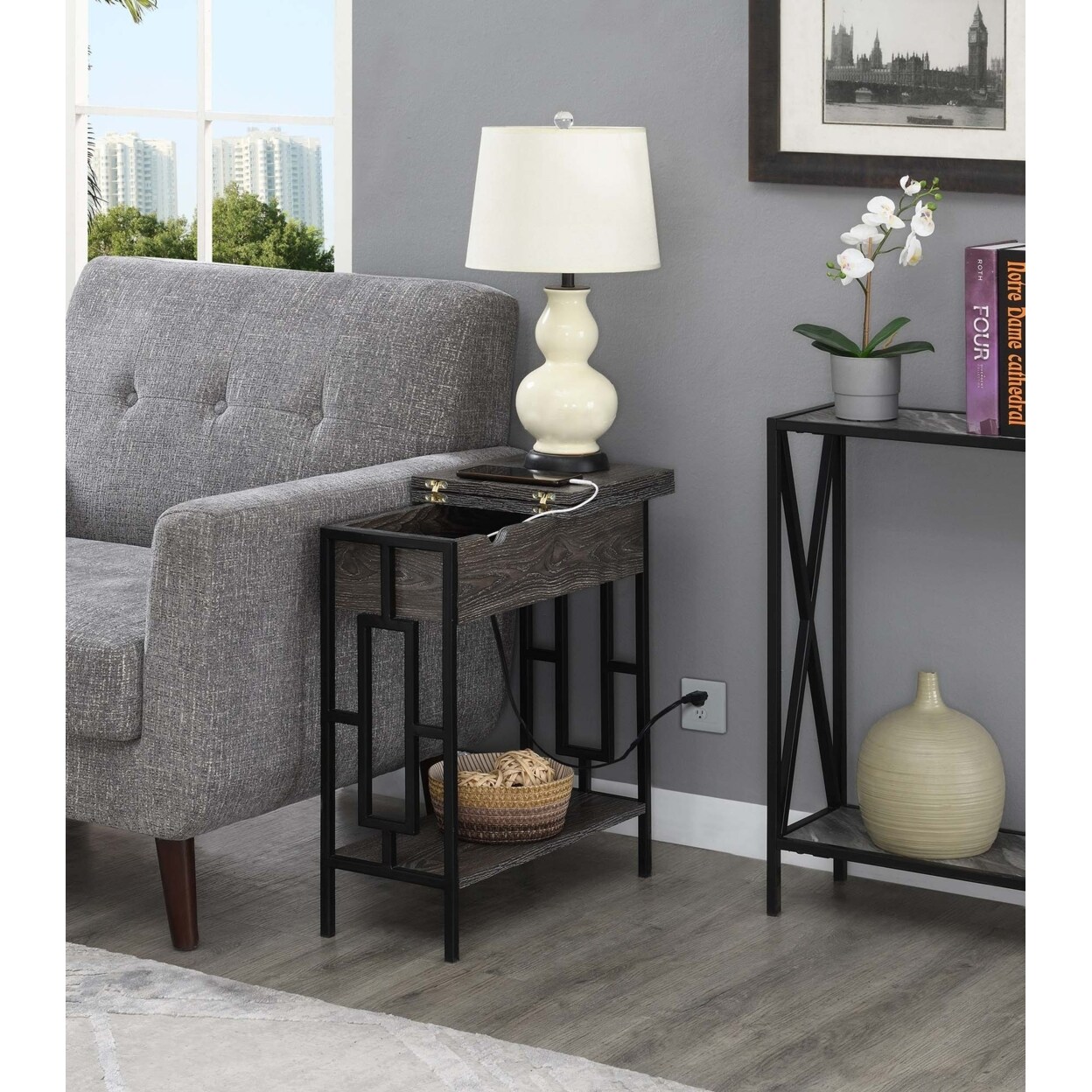 Convenience Concepts Town Square End Table with Shelves in Gray Wood