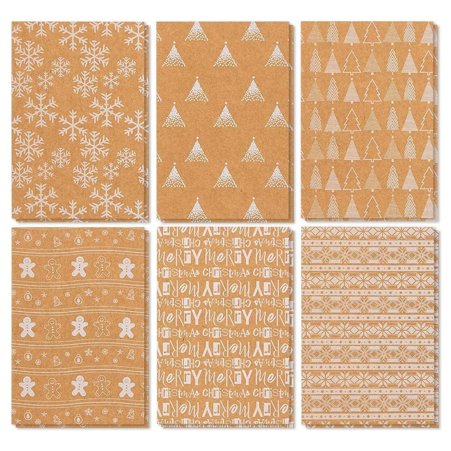 36 Pack Kraft Christmas Greeting Cards with Envelopes Bulk Box Set, 6 Winter Holiday Designs (4x6 In)