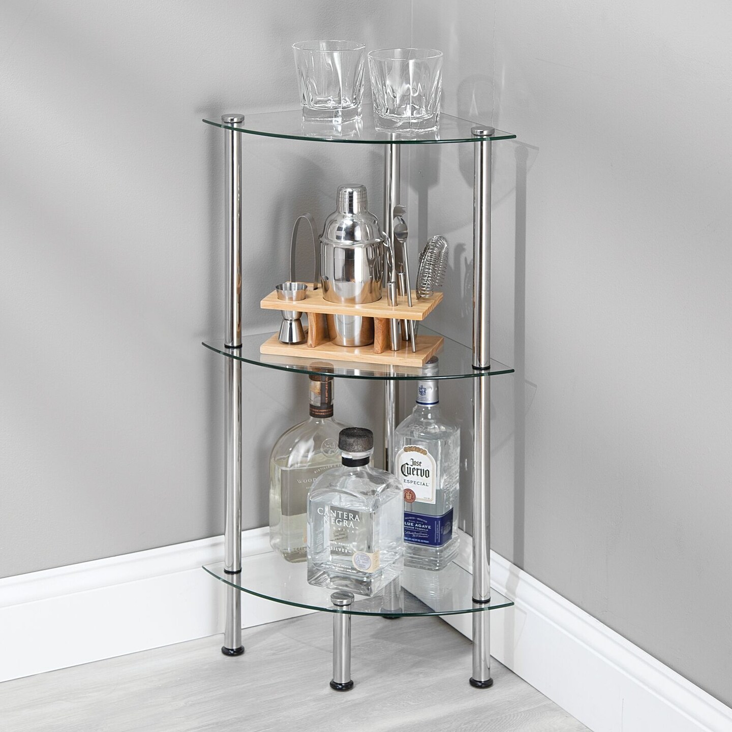 mDesign Glass Corner 3-Tier Tower Cabinet Organizer Shelf, 2 Pack, Clear/Chrome