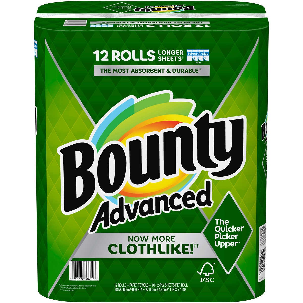 Bounty Advanced 2-Ply Paper Towels White 101 Select-A-Size Sheets 12 Count