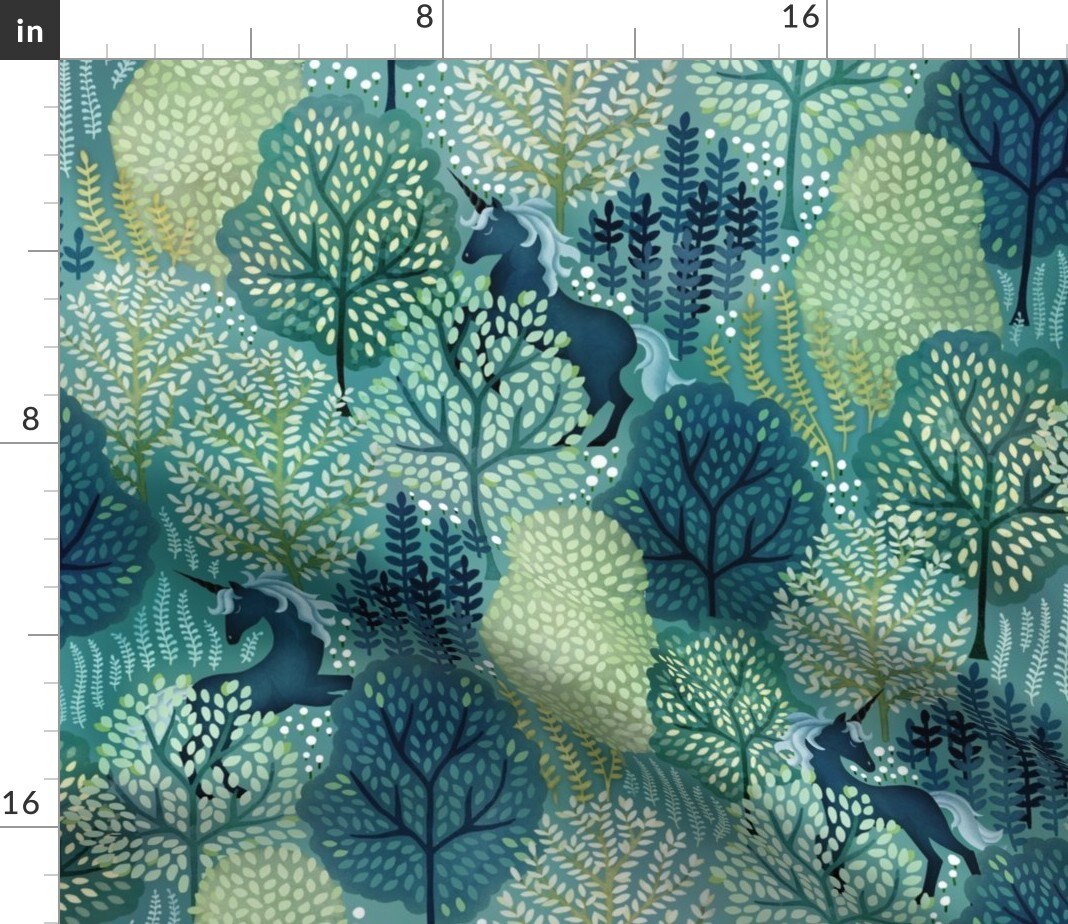 Fairy Tale Woodland Forest Green Blue Magical Mythical Custom Printed Fabric by Spoonflower Various Fabrics by the Yard or Fat Quarter