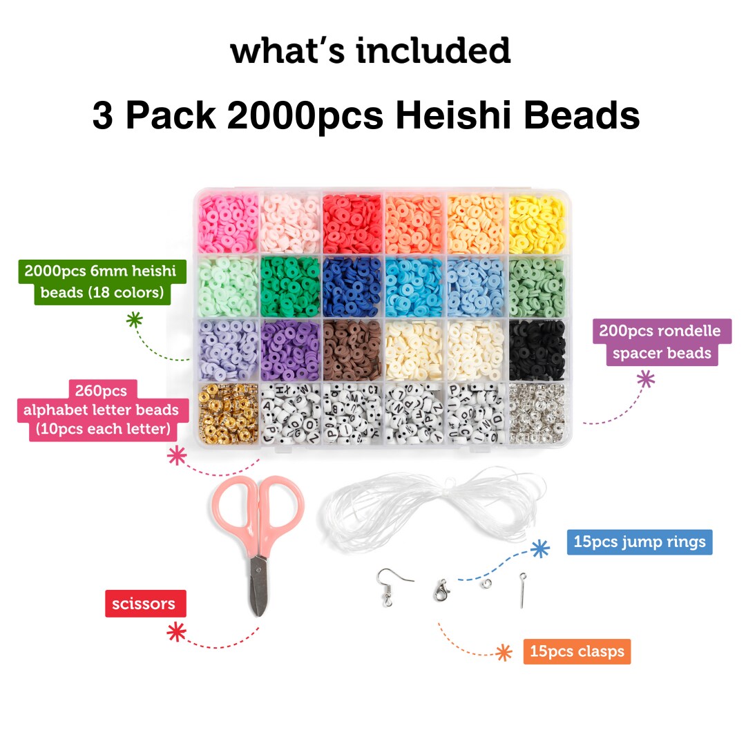 3 PACK - Incraftables 6mm Clay Beads for Bracelets Making (2000pcs) 18 Colors Set. Best Polymer Clay Heishi Beads for DIY Jewelry. Thin Flat Round Disc Small Beads Bulk Kit w/Spacer, Letter Beads & String