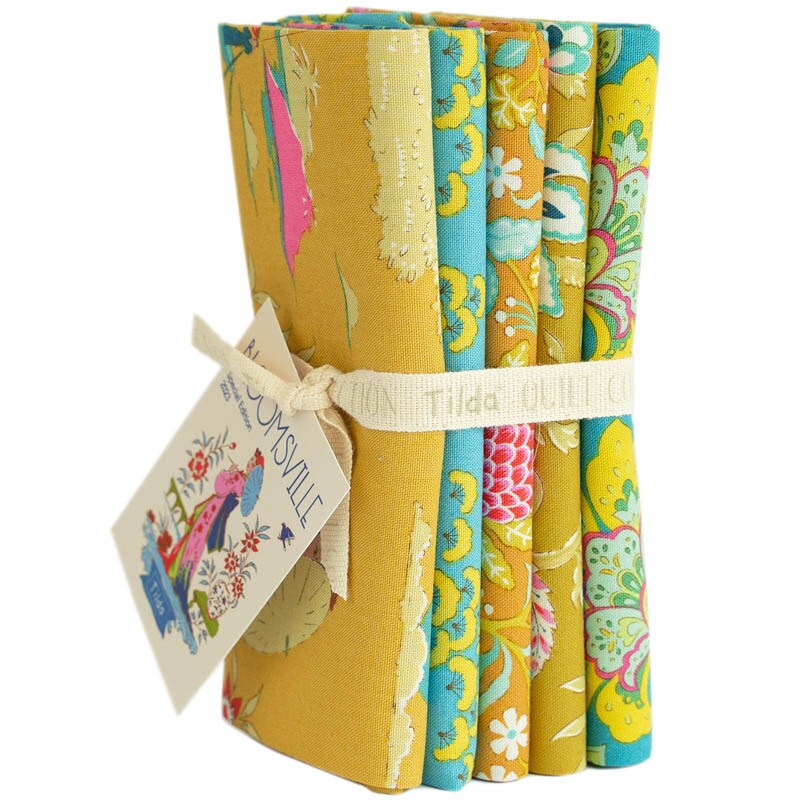 Tilda Fabrics Bloomsville -5 Fat Quarters - Corn/Sky -20&#x22;x22&#x22;- 100% Cotton
